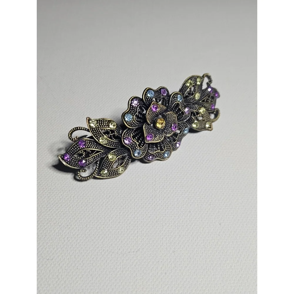 Vintage Antiqued Brass Floral Hair Barrette Clip Multicolor Rhinestone Flower